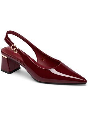 Women's Burgundy Chunky Heels Pointed Closed Toe Pumps Adjustable Strap Shoes